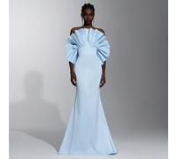Robe de soirée sirène en satin bleu ciel élégante, romantique et à la mode, robe ajustée à épaules dénudées avec volants dramatiques et traîne, longueur sol, convient pour les mariages, les fêtes d'an