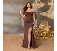 Robe de soirée sirène en satin grande taille - Encolure épaules dénudées avec design drapé sur le côté, inclut une longue écharpe nouée. Longueur au sol, convient pour les galas, mariages, soirées de 