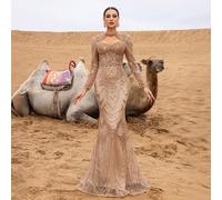 Robe de soirée sirène longue à col montant et manches longues, avec une broderie florale perlée luxueuse et un design découpé audacieux - parfaite pour les galas de prestige, les tapis rouges, les mar