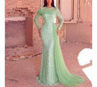 Robe de soirée sirène luxueuse et élégante ornée de perles et de sequins, avec une traîne asymétrique en mousseline de soie et des accents de perles - parfaite pour les tapis rouges, les mariages de g