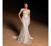 Robe de soirée sirène luxueuse et glamour avec des motifs de perles ondulées délicates et un châle transparent croisé en nœud - Coupe ajustée sur mesure, parfaite pour les mariages, les banquets du so