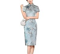 Robe de soirée vintage à imprimé floral - Style chinois - Longueur midi Cheongsam Qipao - Col mandarin - Manches courtes, vert, Taille M