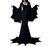 Robe de sol Morticia Addams pour femme - Costume pour Halloween, carnaval, fête, gothique, col rond, manches longues, asymétrique, décontracté, style sombre, manches dolman, unies, cheville, O Noir.,