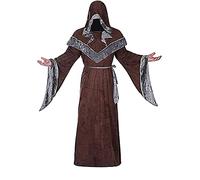 Robe de sorcier mystique pour homme - Costume d'Halloween et de costumade pour homme - Uniforme médiéval rétro vintage de la Renaissance avec cape à capuche - Tenue de prêtre masculin - Cape de