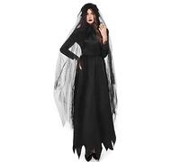 Robe de sorcière noire pour femme adulte Halloween fantôme mariée déguisement diable pour vampire cape à capuche gants tenues ensemble rôle pour jeu Mascarade Dark Costume Matrices de découpe Mots