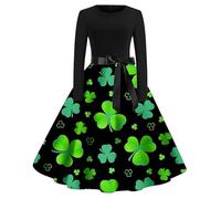 Robe de St Patrick élégante à col rond pour femme - Robe longue à col rond - Costume de leprechaun - Taille haute - Vert irlandais - Tunique imprimée trèfle - Robe de cocktail, Vert, M