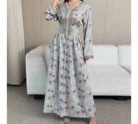 Robe de style arabe décontractée pour tous les jours avec imprimé floral et décoration de sequins, col en V pour femmes L,M,S,XL,XXLTissu tissé