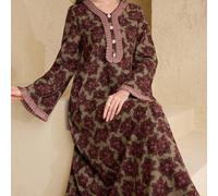 Robe de style arabe pour femmes au printemps et en été avec des manches évasées, un col et des poignets de manche plissés froncés, modeste L,M,S,XLFloral,Plantes,Tout ImpriméÉtoffe