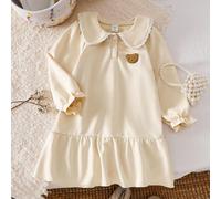 Robe de style coréen pour fillettes avec col Peter Pan, manches longues, patchwork, ourlet volantée et broderie mignonne d'ours 6Y,7Y,4Y,5YUnicoloreÉtoffe