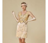 Robe de style flapper pour femmes, années 1920, robe de soirée style Great Gatsby, col en V, sequins, perles, franges, pour mariage et fête L,M,S,XL,XXLRayéPolyester