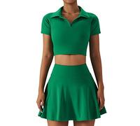 Robe de tennis 2 pièces pour femme - Jupe de tennis plissée taille haute avec short à manches courtes - Ensemble de jupes d'entraînement de golf, vert, Small
