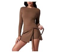 Robe de Tennis à col Haut for Femme, Jupe Portefeuille à Manches Longues, Short intégré, Robe de Sport de Golf(Brown,L)