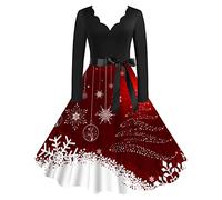 Robe de thé Classique pour Femmes Grande Taille Robe de soirée Cocktail élégante à Manches Longues et col en V avec Ceinture pour Une Swing (Black, L)