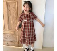 Robe de vacances d'été de style français vintage pour jeune fille avec col Peter Pan, nœud papillon et motif à carreaux 6Y,7Y,4Y,5YCarreauPolyester