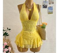 Robe de vacances élégante et belle en dentelle à col ras-du-cou et décolleté plongeant ultra-courte pour femmes L,M,S,XSUnicoloreTissu tricoté