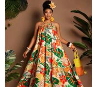 Robe de vacances pour femmes grandes tailles, tissu non extensible tissé, imprimé floral tropical coloré, design à bretelles fines, accent d'anneau métallique, silhouette maxi évasée, design dos ouver