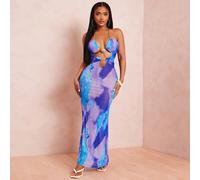 Robe de vacances sur l'île sexy et élégante pour femme, robe ajustée imprimée tie-dye bleue, robe dos nu ajourée, robe style océan, tenue de croisière pour femme, tenue de vacances pour femme, robe en