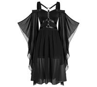 Robe de vampire gothique pour femme - Épaules dénudées - Robe médiévale - Manches chauve-souris - En maille - Patchwork - Robe de sorcière avec corset - Robe plissée - Pour Halloween, carnaval