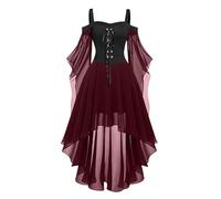 Robe de vampire gothique pour femme - Épaules dénudées - Robe midi Renaissance pour femme - Manches chauve-souris - En maille - Patchwork - Avec lacets - Style médiéval - Costume rétro - Pour fête