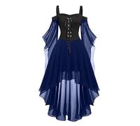Robe de vampire gothique pour femme - Épaules dénudées - Robe midi Renaissance pour femme - Manches chauve-souris - En maille - Patchwork - Avec lacets - Style médiéval - Costume rétro - Pour fête