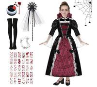 Robe de vampire pour filles, costume de vampire de Mme Claus pour filles, costume d'Halloween pour enfants, avec autocollants de tatouage, faux sang, costume d'Halloween pour enfants Dracula (7-8)