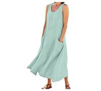 Robe Debardeur Femme Coton Lino Été Fluide Sans Manche Chic et Elegant Robes Col Rond Décontractée Grande Taille Robes avec Poches Couleur Unie Ample Boheme Plage Maxi Dress D'été Léger Robe Chemise