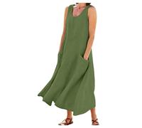 Robe Debardeur Femme Coton Lino Été Fluide Sans Manche Chic et Elegant Robes Col Rond Décontractée Grande Taille Robes avec Poches Couleur Unie Ample Boheme Plage Maxi Dress D'été Léger Robe Chemise
