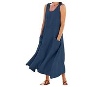 Robe Debardeur Femme Coton Lino Été Fluide Sans Manche Chic et Elegant Robes Col Rond Décontractée Grande Taille Robes avec Poches Couleur Unie Ample Boheme Plage Maxi Dress D'été Léger Robe Chemise