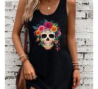 Robe débardeur imprimée squelette minimaliste décontracté du jour des morts et fleurs, convenant à l'automne/hiver, pour une sortie chic, décontractée L,M,S,XL,XS,XXL,XXS,XXXL,XXXXLFloral,Halloween,Pl