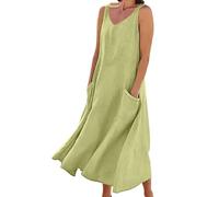Robe débardeur longue pour femme - Robe de plage pour femme - En coton - Col en V - Robe décontractée légère et aérée - Robe tunique avec poches - Robe maxi en lin - Robe d'été mi-mollet, vert, M