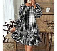 Robe décontractée à carreaux et à décor floral grande taille, vêtement d'automne à découpe florale asymétrique pour femmes 0XL,1XL,2XL,3XL,4XLCarreau,Imprimés aléatoiresTissu tissé