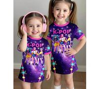 Robe décontractée à col rond et manches courtes avec graphique de fille de dessin animé violet & noir, tenue d'été mignonne pour fête d'anniversaire de bébé fille, style coréen Y2K kawaii 2026 6-9M,9-