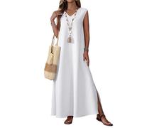 Robe décontractée à coupe ample en polyester pour femme sans manches Maxi col en V fente latérale Swing douce et légère Couleur unie Tendance Boho, blanc, S