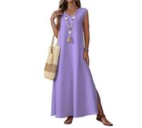 Robe décontractée à coupe ample en polyester pour femme sans manches Maxi col en V fente latérale Swing douce et légère Couleur unie Tendance Boho, violet, M