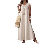 Robe décontractée à coupe ample en polyester pour femme sans manches Maxi col en V fente latérale Swing douce et légère Couleur unie Tendance Boho, abricot, S