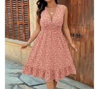 Robe décontractée à fleurs marguerite avec manches sans manches froncées et décoration de volant à l'ourlet, grande taille 0XL,1XL,2XL,3XL,4XLImprimés aléatoiresÉtoffe