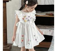 Robe décontractée à volants floraux tissés pour jeune fille, robe de demoiselle d'honneur blanche à papillon, robe blanche pour jeune fille, robe blanche à fleurs pour fille, robe blanche à papillon p
