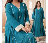 Robe décontractée ample à manches longues et blocs de couleurs pour femmes en grande taille, convenant au printemps et à l'automne. Robe maxi modeste et décontractée de style jalabiya arabe, pour un u