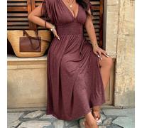 Robe décontractée de vacances grande taille en tricot doux, col V, manches courtes, ligne d'épaule ajustable, tricot torsadé, taille à cordon de serrage, fente latérale 0XL,1XL,2XL,3XL,4XLUnicoloreTis