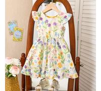 Robe décontractée élégante pour filles avec imprimé floral, col rond, manches à volants, dos ajouré, nœud décoratif à la taille, ourlet à volants. Convient pour les vacances et les voyages en été. Rob