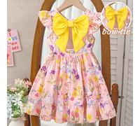 Robe décontractée élégante pour jeunes filles avec imprimé floral, col rond, manches évasées, dos ajouré, nœud décoratif à la taille, volants à l'ourlet. Convient pour les vacances et les voyages. Rob