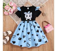 Robe décontractée et élégante pour jeune fille avec imprimé chat de style bande dessinée, col rond, taille resserrée et volants à l'ourlet. Nouvelle mode printemps/été, confortable et personnalisée po