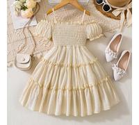 Robe décontractée et mignonne pour jeune fille avec épaules découvertes et plis en A 90,100,110,120,130,140UnicoloreÉtoffe