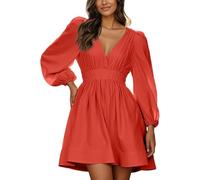 Robe Décontractée Femmes à Manches Longues Mini Robe Casual Col en V Taille Haute Robes Chic et Elegant Manches Lanternes Robes Courte Swing A-Ligne pour Fête Nuit Cocktail Mariage n5