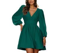 Robe Décontractée Femmes à Manches Longues Mini Robe Casual Col en V Taille Haute Robes Chic et Elegant Manches Lanternes Robes Courte Swing A-Ligne pour Fête Nuit Cocktail Mariage n5