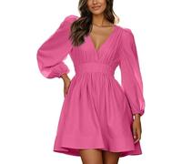 Robe Décontractée Femmes à Manches Longues Mini Robe Casual Col en V Taille Haute Robes Chic et Elegant Manches Lanternes Robes Courte Swing A-Ligne pour Fête Nuit Cocktail Mariage n5