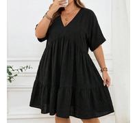 Robe décontractée modeste pour femmes grande taille, col en V noir, manches courtes chauve-souris, ourlet à volants, vêtements d'été pour femmes, CURVE PLUS Brunch Business 5XL,6XL,7XL,8XLUnicoloreTis