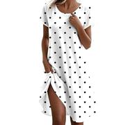 Robe décontractée pour femme au quotidien. Robe trapèze fluide avec col rond. Parfaite pour la maison et facile à laver. Style polka tendance pour le printemps et l'automne., Blanc., M