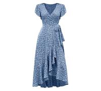 Robe décontractée pour femme avec col en V et manches bouffantes, grande robe chinoise imprimée pour femme, bleu ciel, XXL