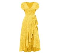Robe décontractée pour femme avec col en V et manches bouffantes, grande robe chinoise imprimée pour femme, jaune, L